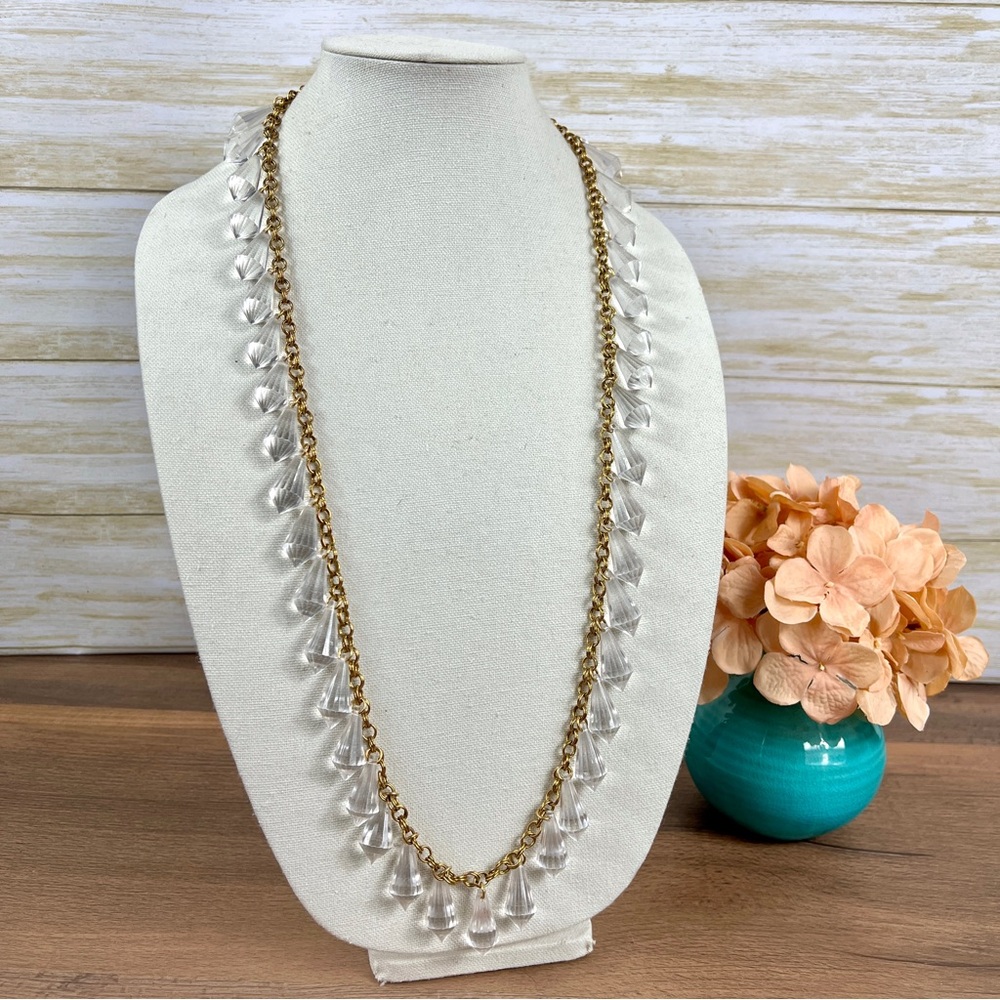 Vintage Chic 60s Cut Lucite Drop Long Necklace on Double Link Gold Tone Chain
